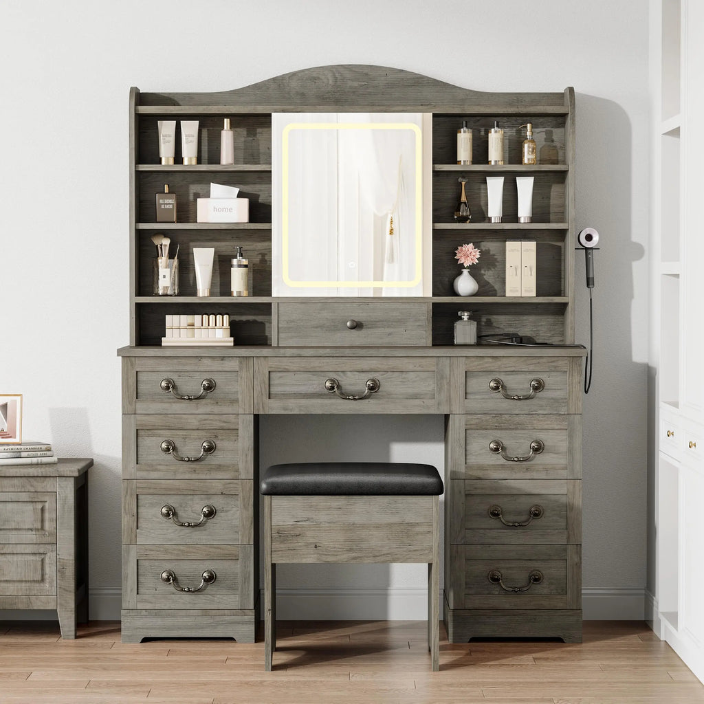 47.2in Vanity Desk With LED Mirror Lights, Chair, 10 Drawers 8 Shelves, Power Outlets USB Ports Makeup Table For Bedroom
