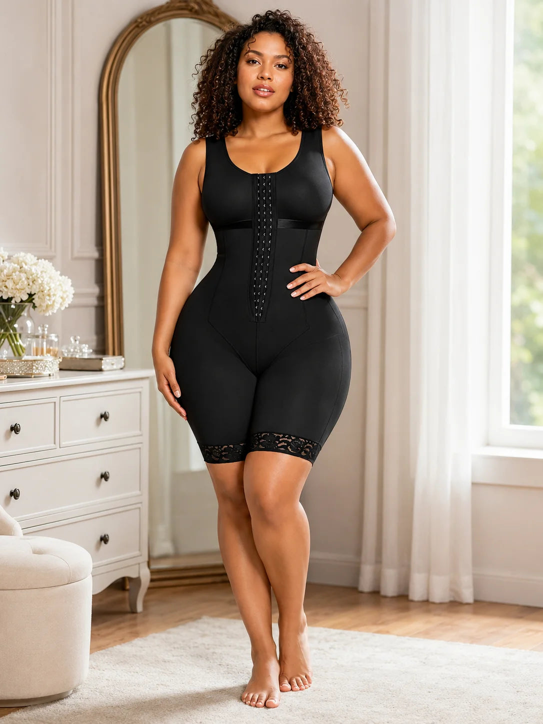 Women Plus Size Full Body Shaper, Front Hook Closure Mid‑Thigh Bodysuit Shapewear, Butt Lifter Tummy Control Compression Shapewear with Lace Hem for Postpartum Daily