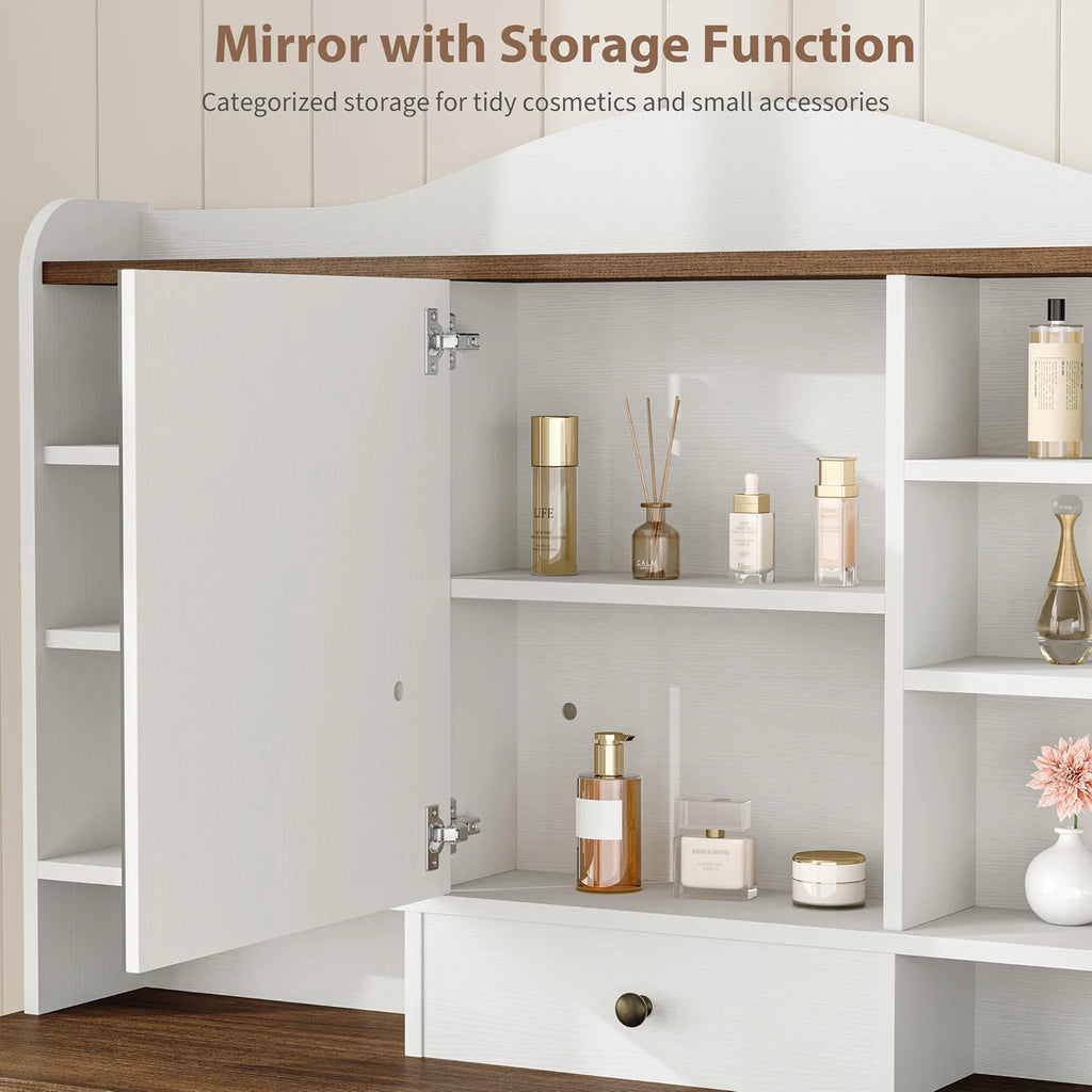 47.2in Vanity Desk With LED Mirror Lights, Chair, 10 Drawers 8 Shelves, Power Outlets USB Ports Makeup Table For Bedroom