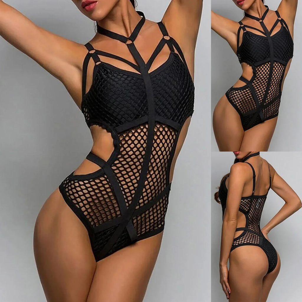 Sexy Lingerie See Through Thin Mesh Bodysuit Women Hollow Out Fishnet Bodysuit Sleepwear Erotic Costumes Underwear Body Femme