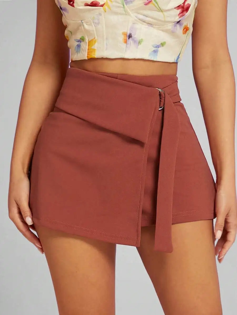 Wrap Skort With O-Ring Detail Foldover Waist Women Shorts