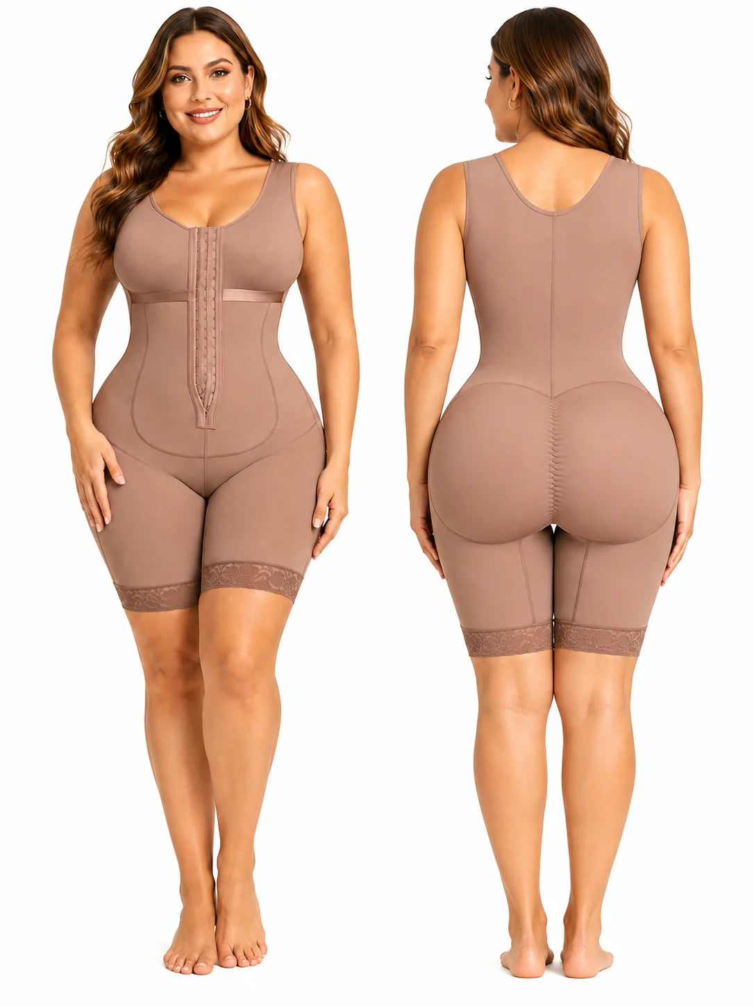 Women Plus Size Full Body Shaper, Front Hook Closure Mid‑Thigh Bodysuit Shapewear, Butt Lifter Tummy Control Compression Shapewear with Lace Hem for Postpartum Daily