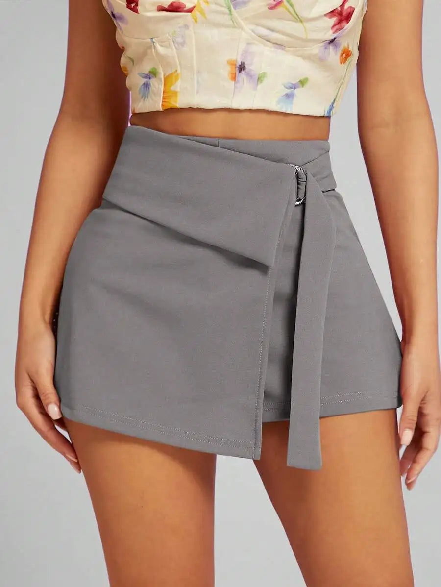Wrap Skort With O-Ring Detail Foldover Waist Women Shorts