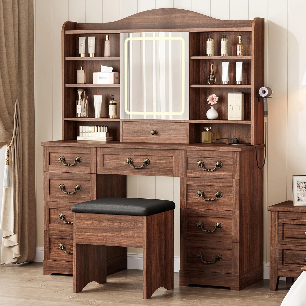 47.2in Vanity Desk With LED Mirror Lights, Chair, 10 Drawers 8 Shelves, Power Outlets USB Ports Makeup Table For Bedroom