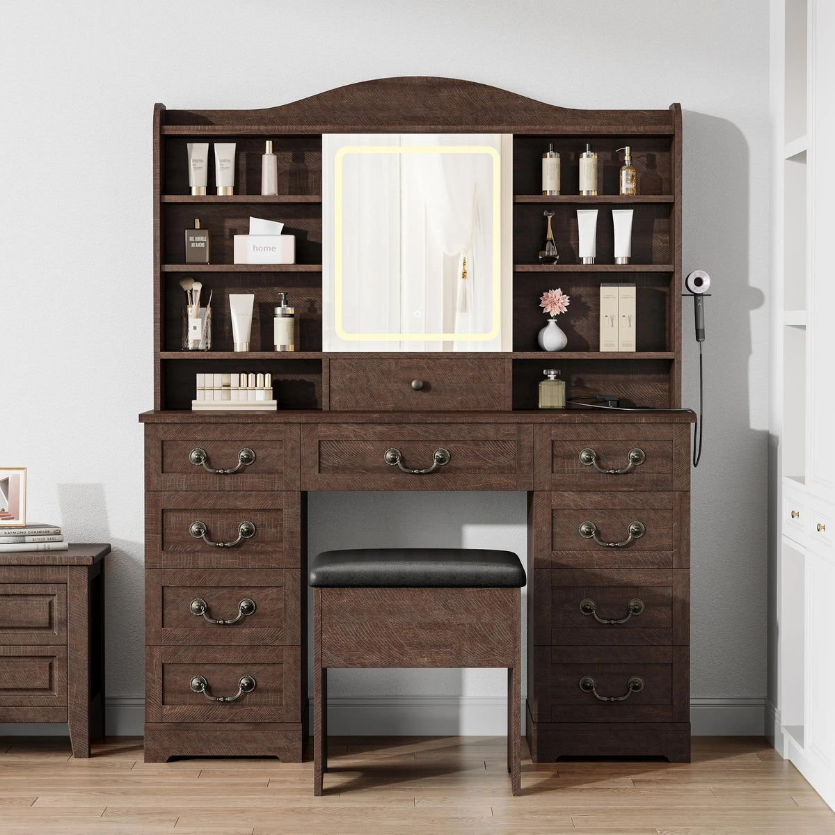 47.2in Vanity Desk With LED Mirror Lights, Chair, 10 Drawers 8 Shelves, Power Outlets USB Ports Makeup Table For Bedroom
