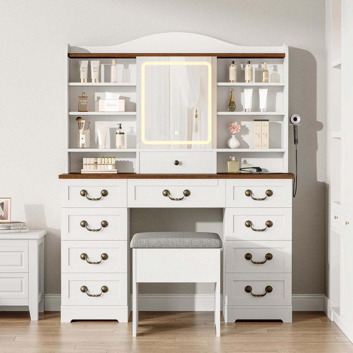 47.2in Vanity Desk With LED Mirror Lights, Chair, 10 Drawers 8 Shelves, Power Outlets USB Ports Makeup Table For Bedroom