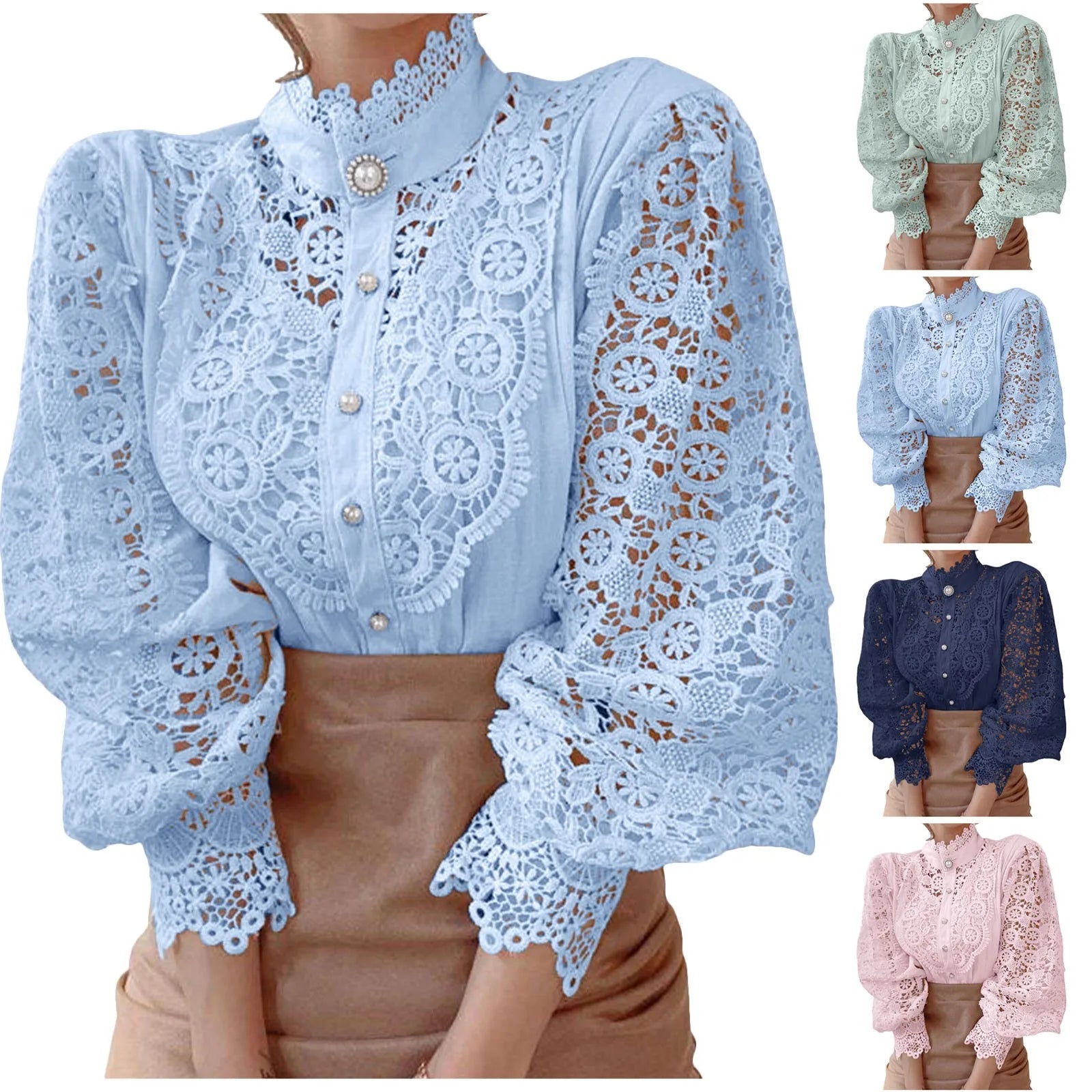 Women Fashion Elegant Lace Shirts Casual Solid Lace Hollow Out Long Sleeve Stand Collar Blouse Ladies Temperament Shirts Tops