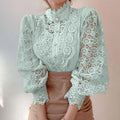 Women Fashion Elegant Lace Shirts Casual Solid Lace Hollow Out Long Sleeve Stand Collar Blouse Ladies Temperament Shirts Tops