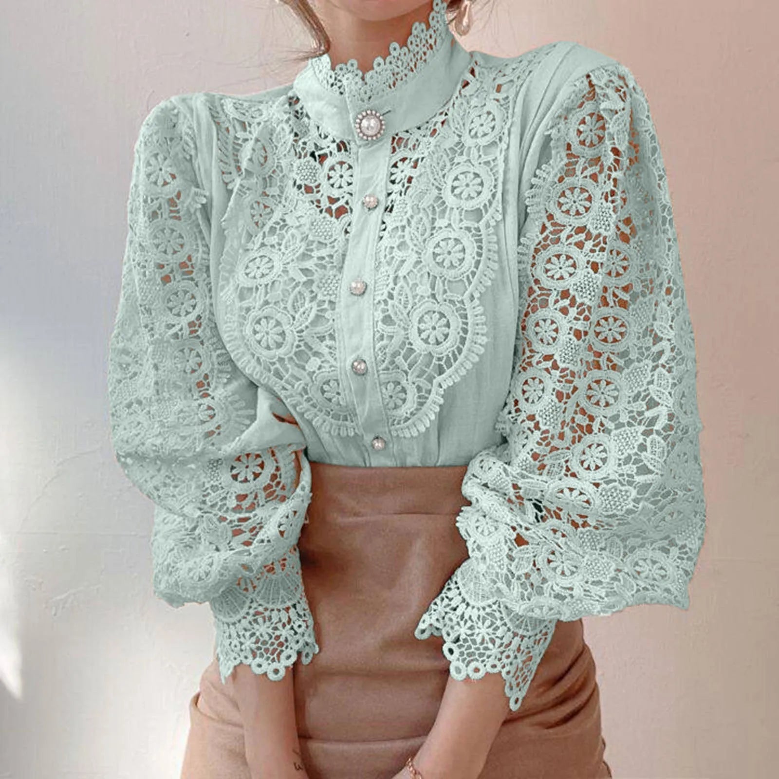 Women Fashion Elegant Lace Shirts Casual Solid Lace Hollow Out Long Sleeve Stand Collar Blouse Ladies Temperament Shirts Tops