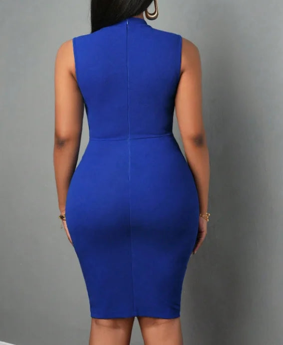 Women Elegant Sleeveless Bodycon Midi Dress Stand Collar Neck Tie Ruched Waist Sheath Pencil Dress Office Business Cocktail Party Formal Dresses