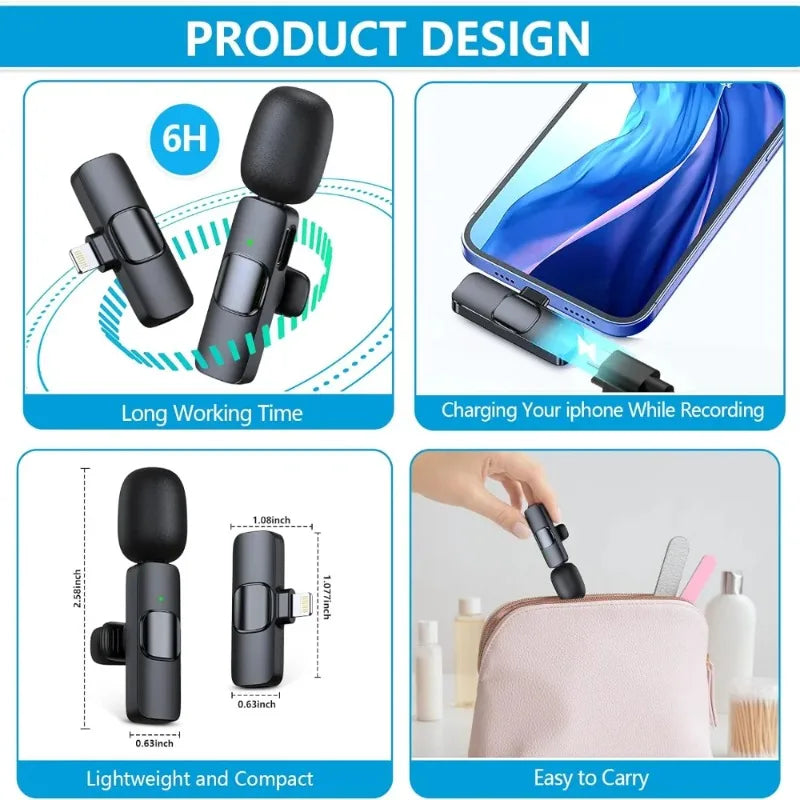 Ultra-Clear Dual Wireless Lavalier Microphone Kit -2 Pcs Wireless Lavalier Microphone, Mini Clip-on Mic for iPhone Android iPad, Crystal Clear Sound Quality