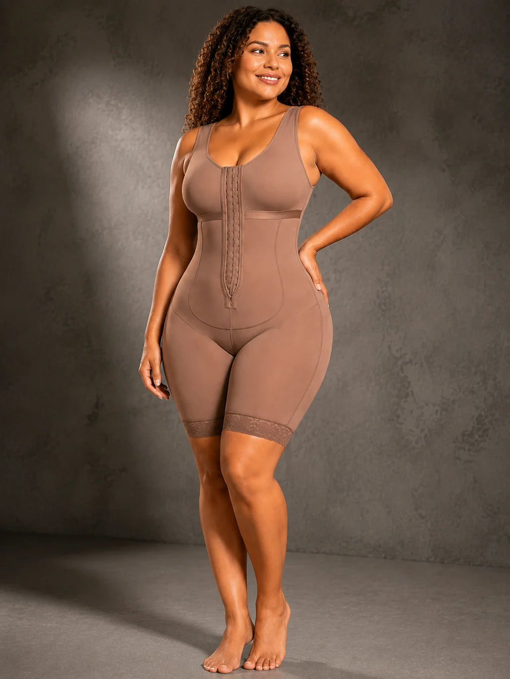 Women Plus Size Full Body Shaper, Front Hook Closure Mid‑Thigh Bodysuit Shapewear, Butt Lifter Tummy Control Compression Shapewear with Lace Hem for Postpartum Daily