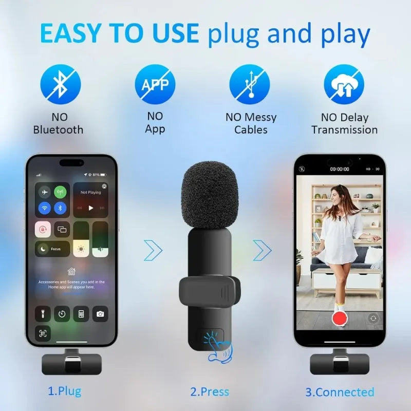 2 Pcs Wireless Lavalier Microphone, Mini Clip-on Mic for iPhone Android iPad, Crystal Clear Sound Quality