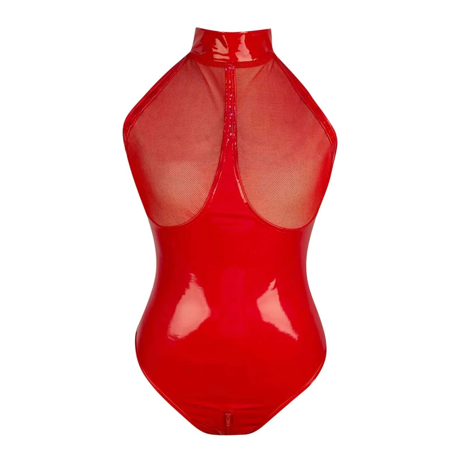 Latex Leather Baby Doll Women Fishnet See-Through Halter Backless Onesie Teddy Women Erotic Lingeries Red Black Leather Bodysuit