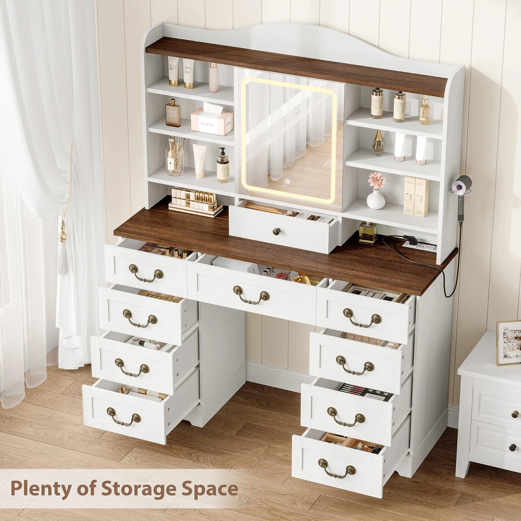 47.2in Vanity Desk With LED Mirror Lights, Chair, 10 Drawers 8 Shelves, Power Outlets USB Ports Makeup Table For Bedroom