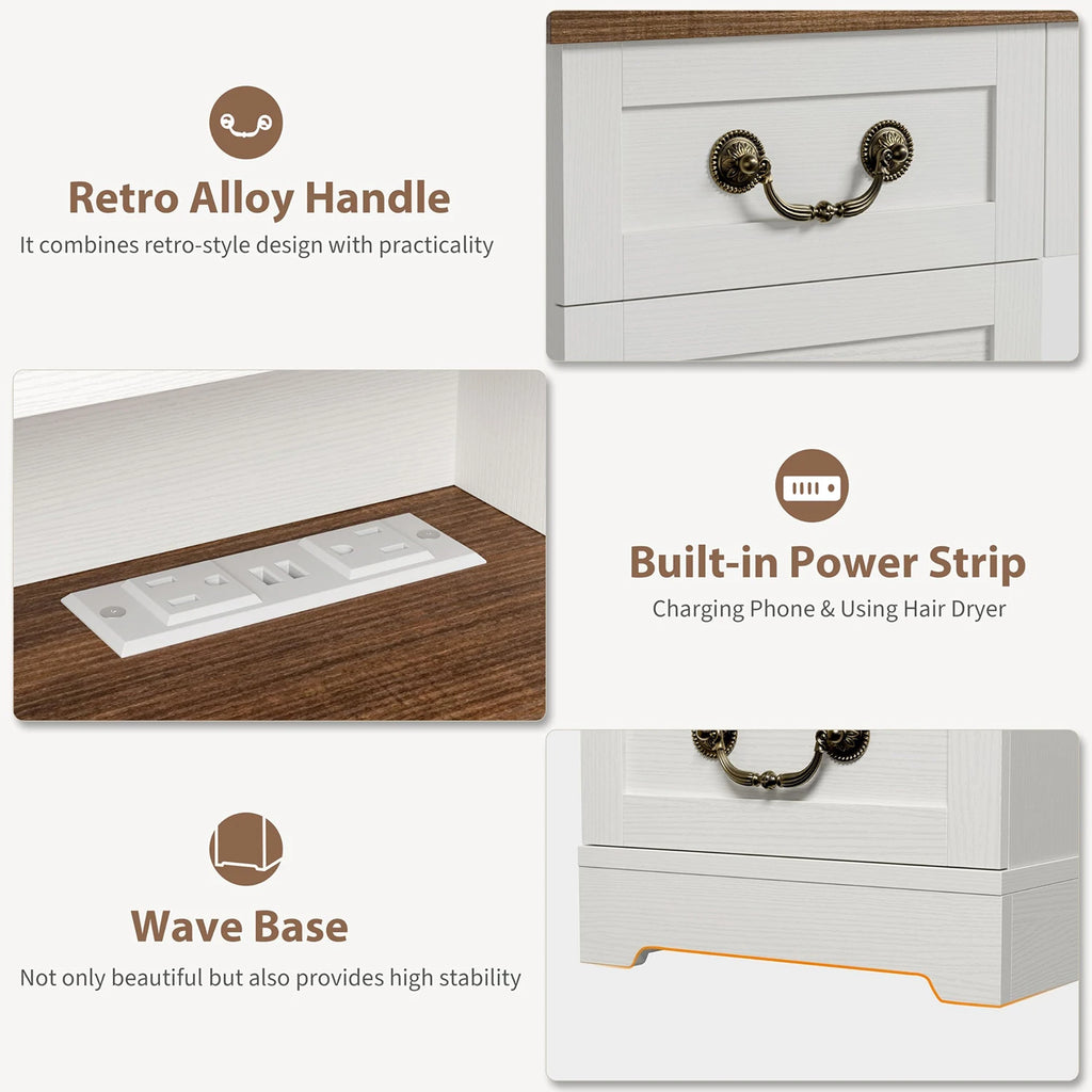 47.2in Vanity Desk With LED Mirror Lights, Chair, 10 Drawers 8 Shelves, Power Outlets USB Ports Makeup Table For Bedroom