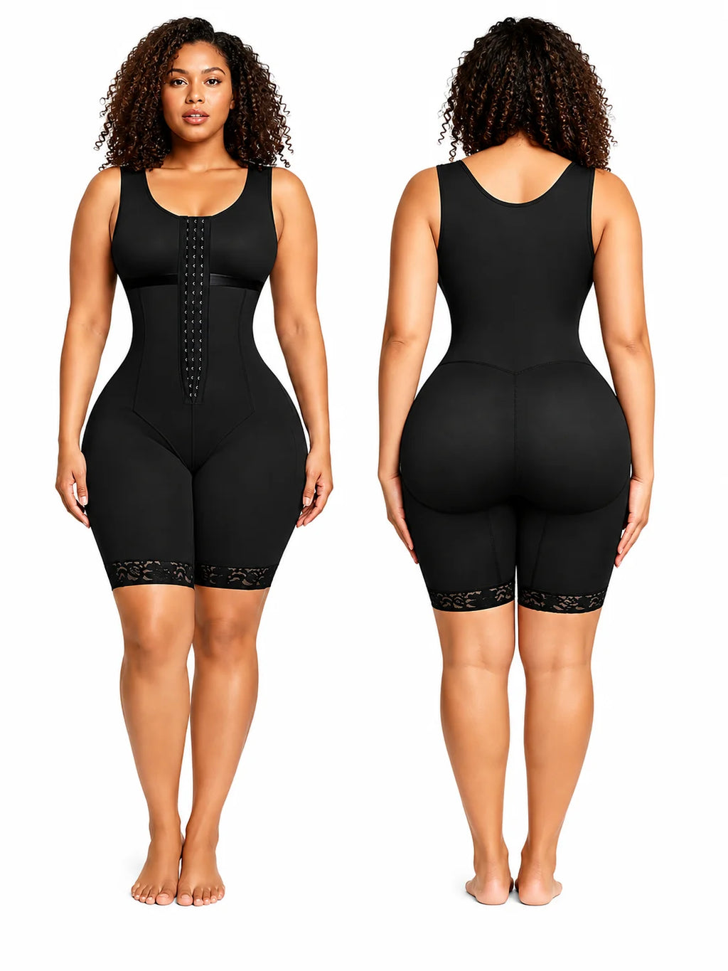 Women Plus Size Full Body Shaper, Front Hook Closure Mid‑Thigh Bodysuit Shapewear, Butt Lifter Tummy Control Compression Shapewear with Lace Hem for Postpartum Daily