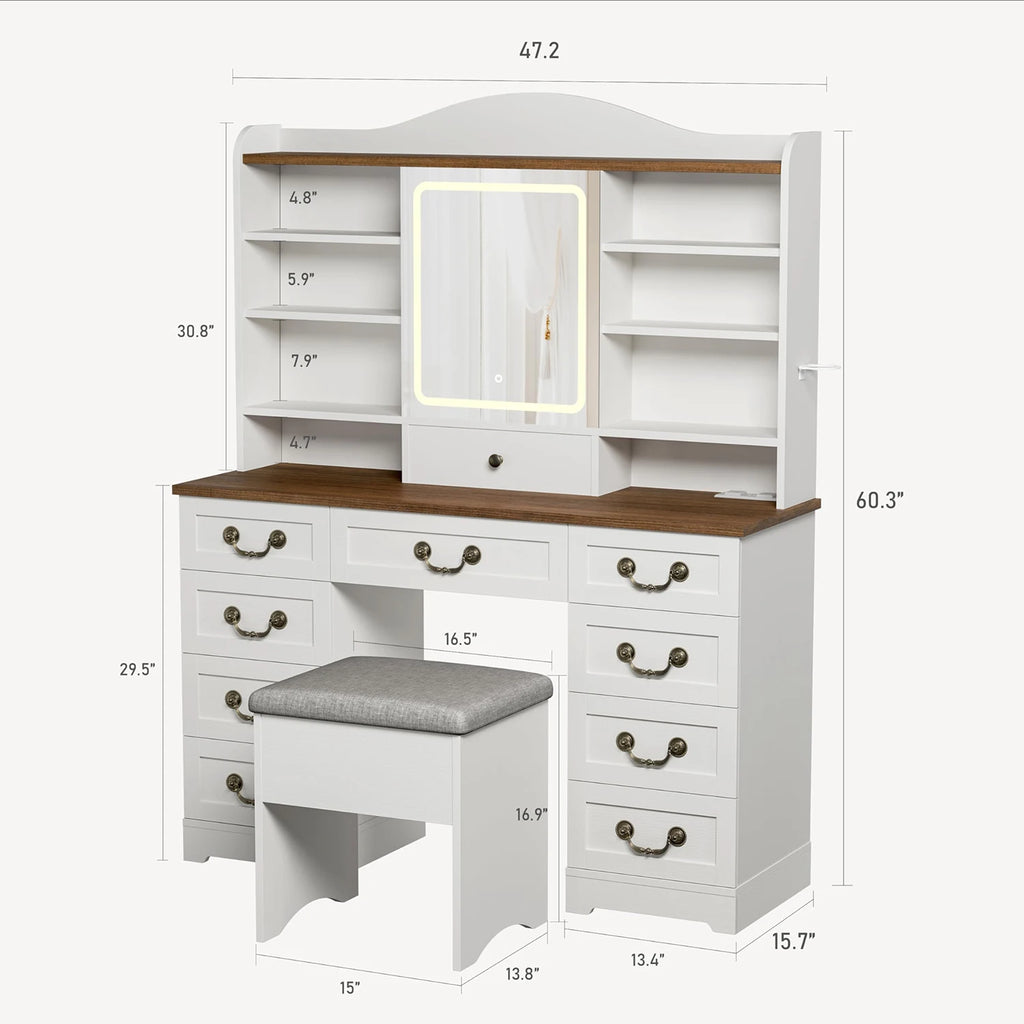 47.2in Vanity Desk With LED Mirror Lights, Chair, 10 Drawers 8 Shelves, Power Outlets USB Ports Makeup Table For Bedroom