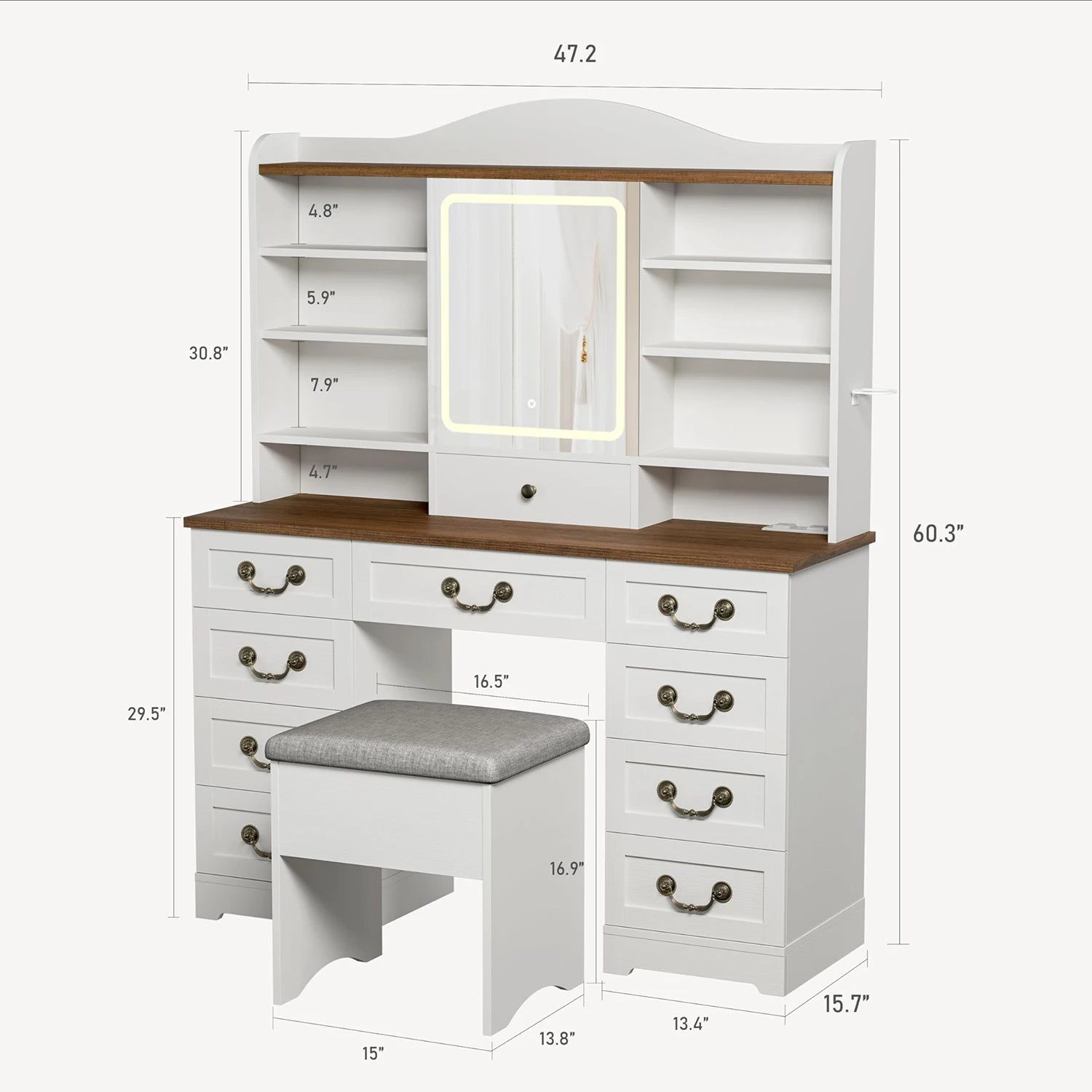 47.2in Vanity Desk With LED Mirror Lights, Chair, 10 Drawers 8 Shelves, Power Outlets USB Ports Makeup Table For Bedroom